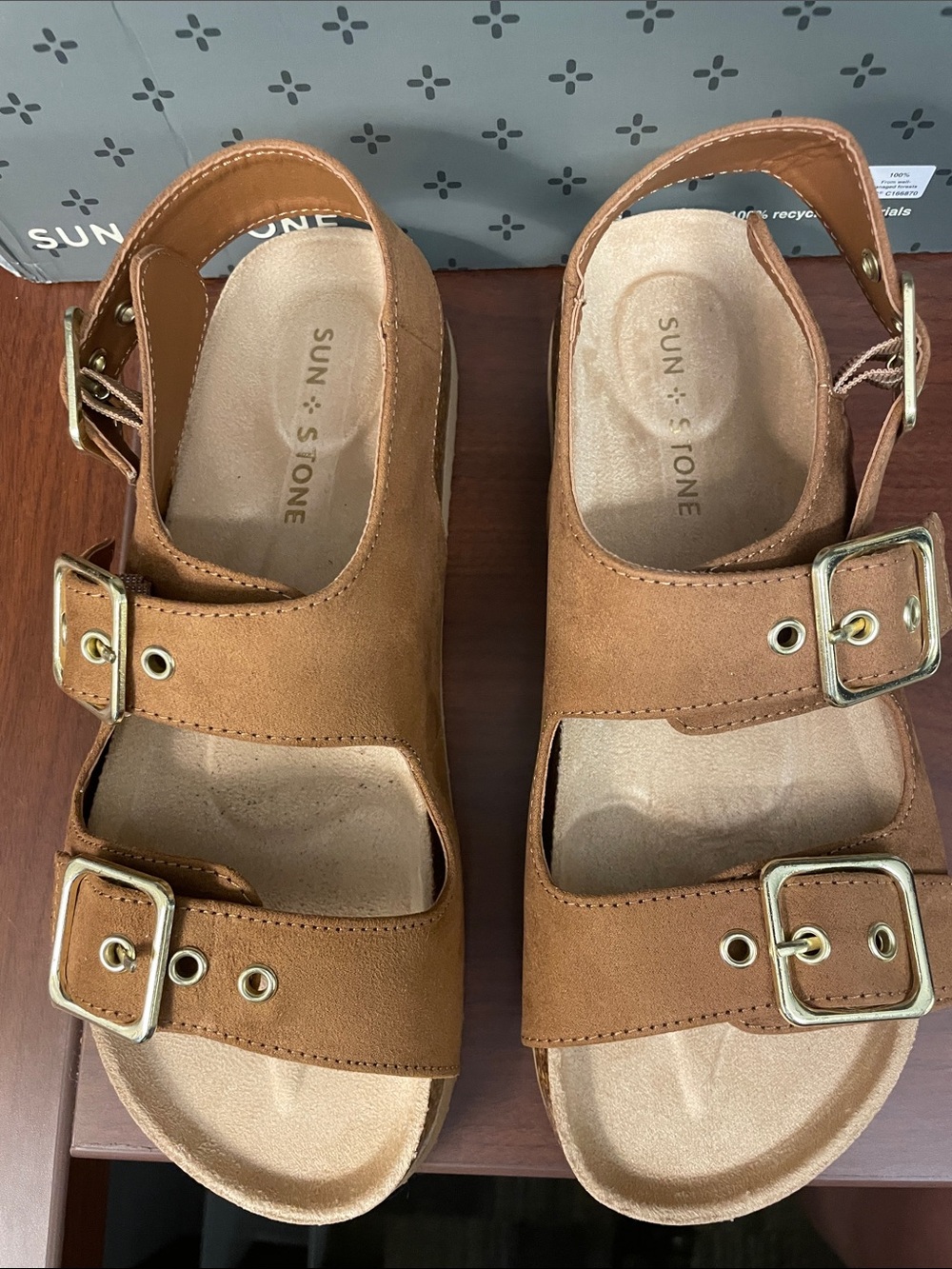 Sun + Stone Cognac Tan Double-Buckle Platform Sandals